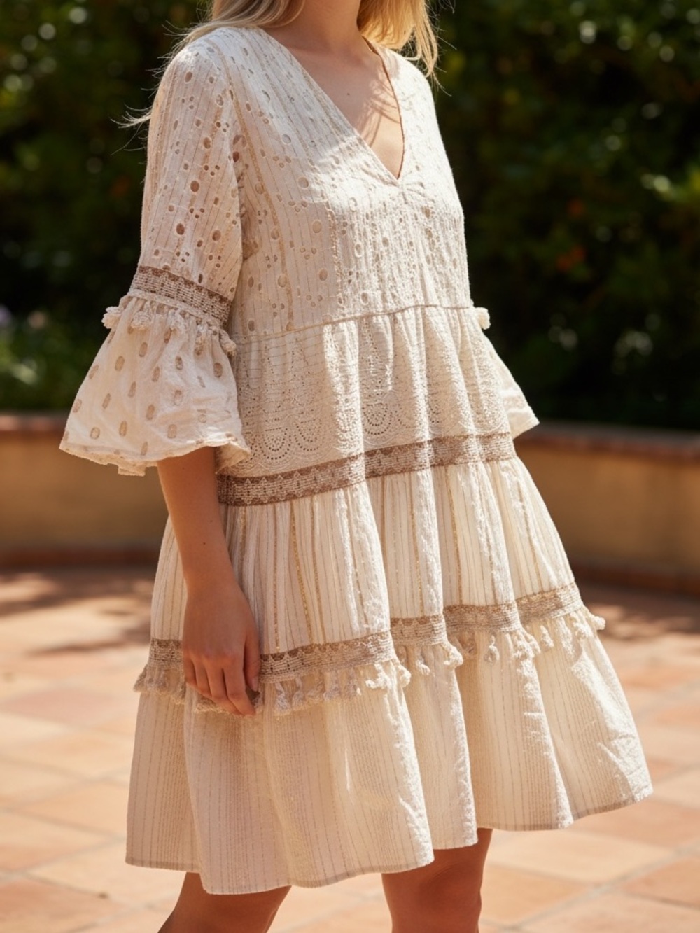 NAOO BOHO LACE/EYELET TIERED EMBROIDERED CROCHET SIZE LARGE DRESS. 100% COTTON